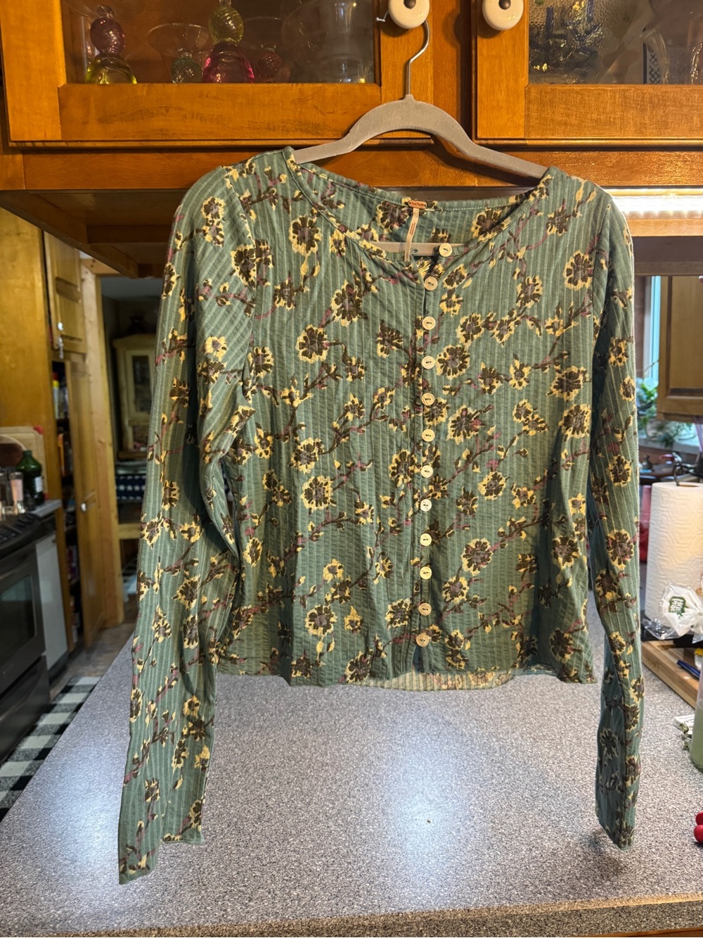 Free People Olive Green Floral Button-Front Long Sleeve Crop Top